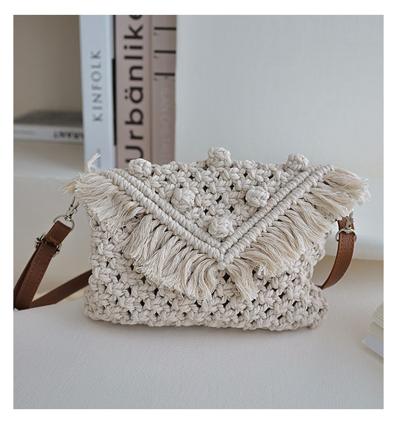 Beanie Crossbody Cotton Thread Woven Bag Women Tassel Bag Cover Shoulder Straw Bag Vacation Beach Bag