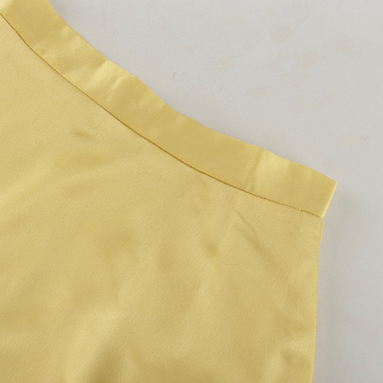 Satin Draping Yellow Skirt Women Spring Summer Simple Pocket High Waist Hip Skirt