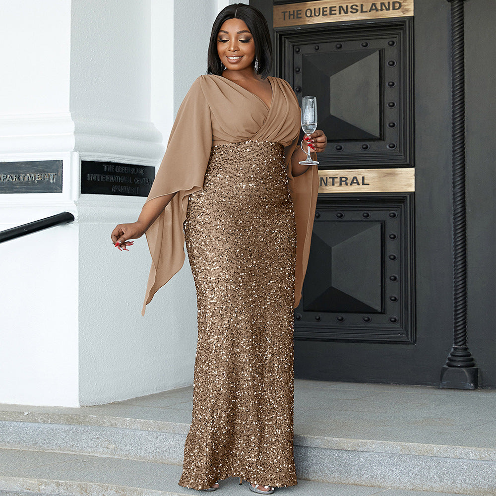 plus Size Sexy Long Sequined V neck Long Sleeve Cocktail Evening Dress Bridesmaid Dress Dress Women