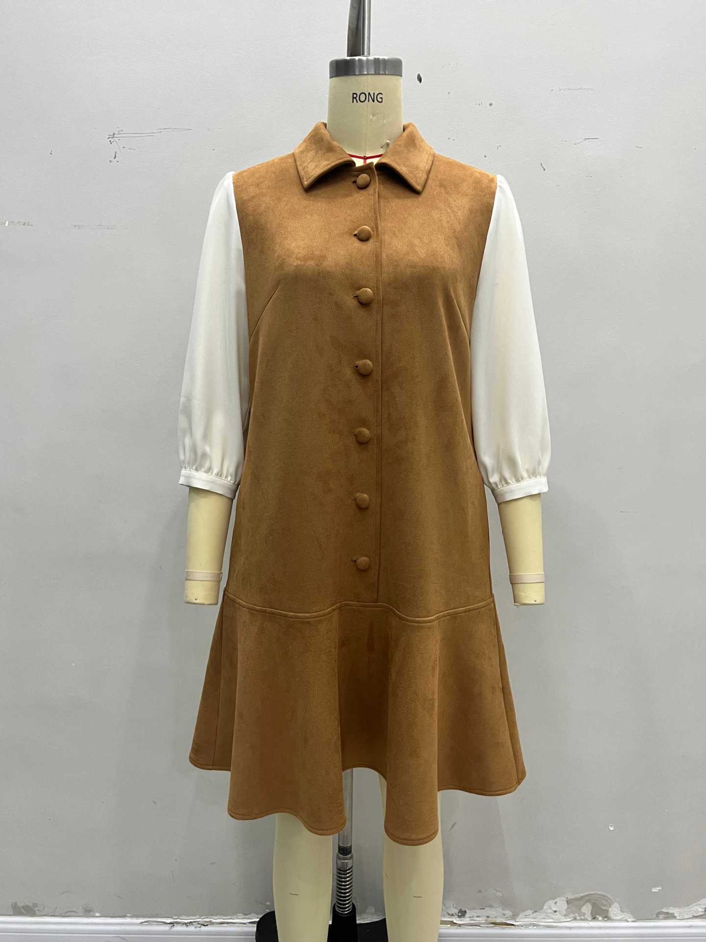 Fashionable Elegant Girls Autumn Suede Spun Yarn Slimming Short Cropped Puff Sleeve Waist Slimming Dress
