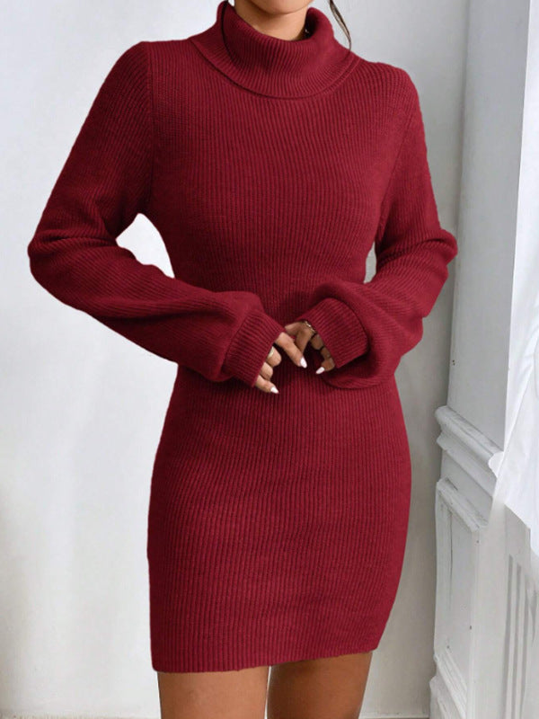 Women Clothing Woolen Dress Simple Thin Knitted Turtleneck Solid Color Sheath Knitted Dress
