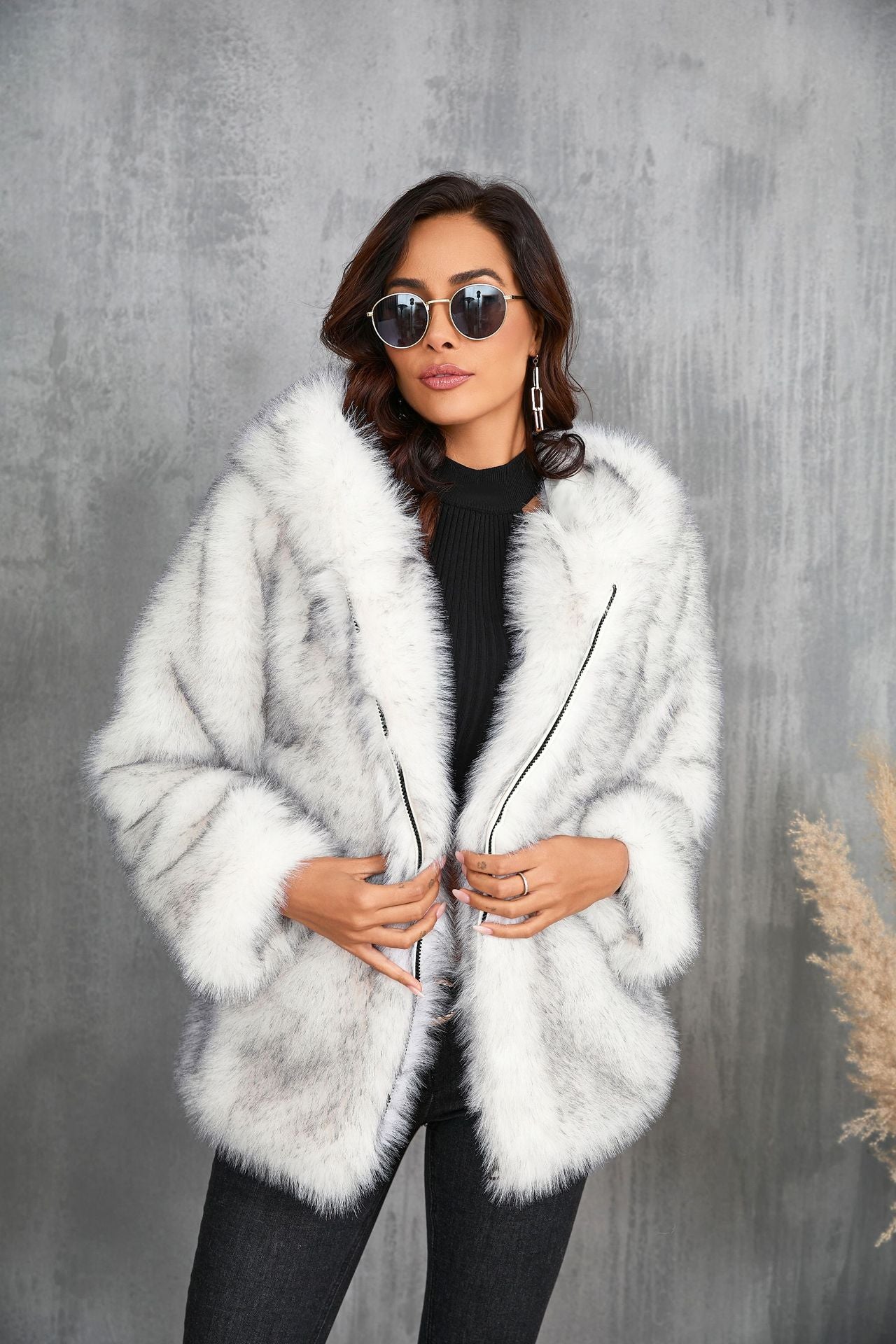 Faux Fur Coat Solid Color Loose Hooded Short Fur Collar Coat Winter Coat Warm Winter Clothing