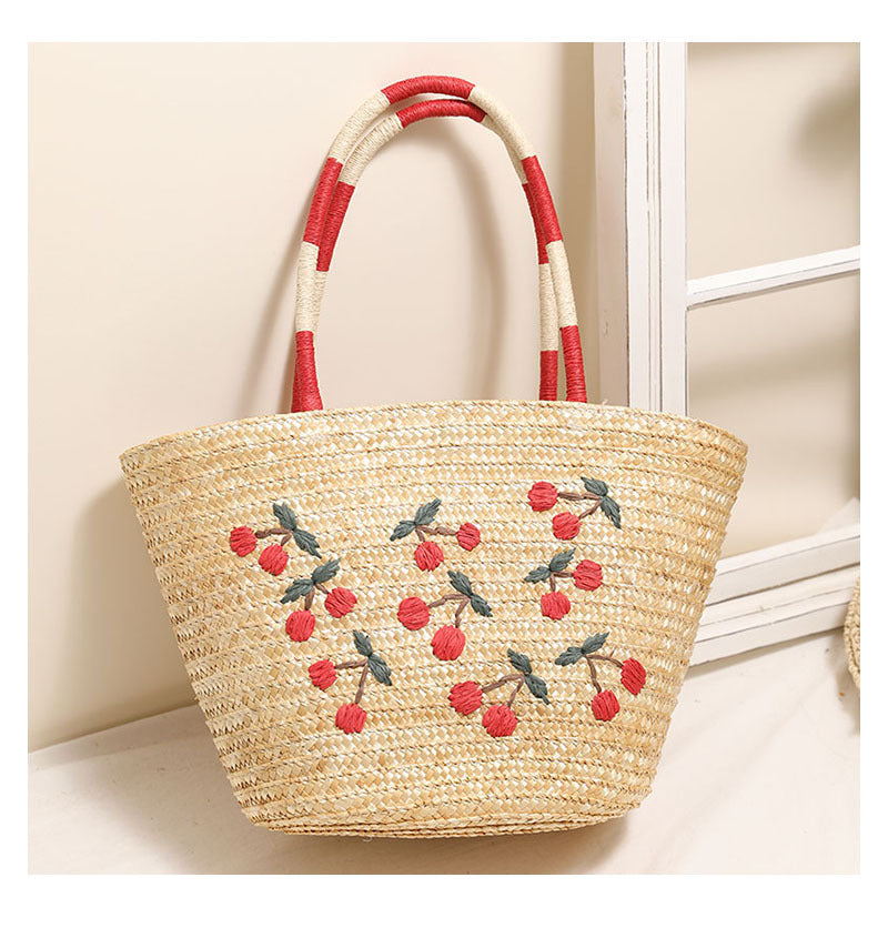 Niche Embroidered Cherry Shoulder Straw Bag Large Capacity Straw Woven Bag Seaside Vacation Beach Bag