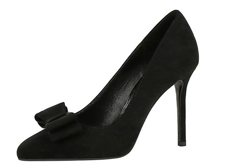 Cocktail High Heels Stiletto Heel Shallow Mouth Suede round Toe Bow High Heel Pumps Women Shoes