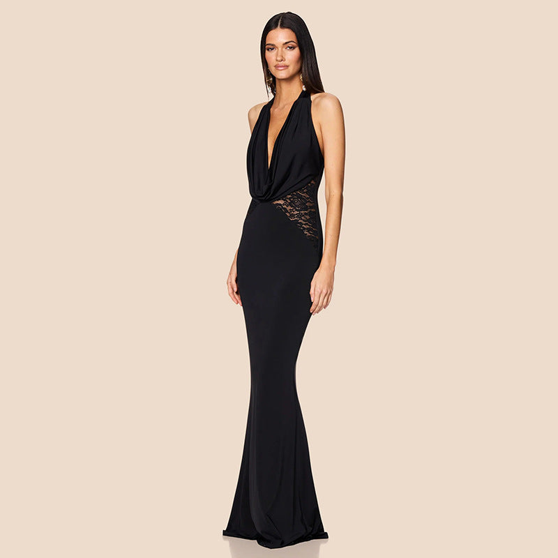 Dress Lace Stitching Elegant Halter V neck Backless Waist Trimming Slimming Fishtail Hip Dress Floor Length Dress