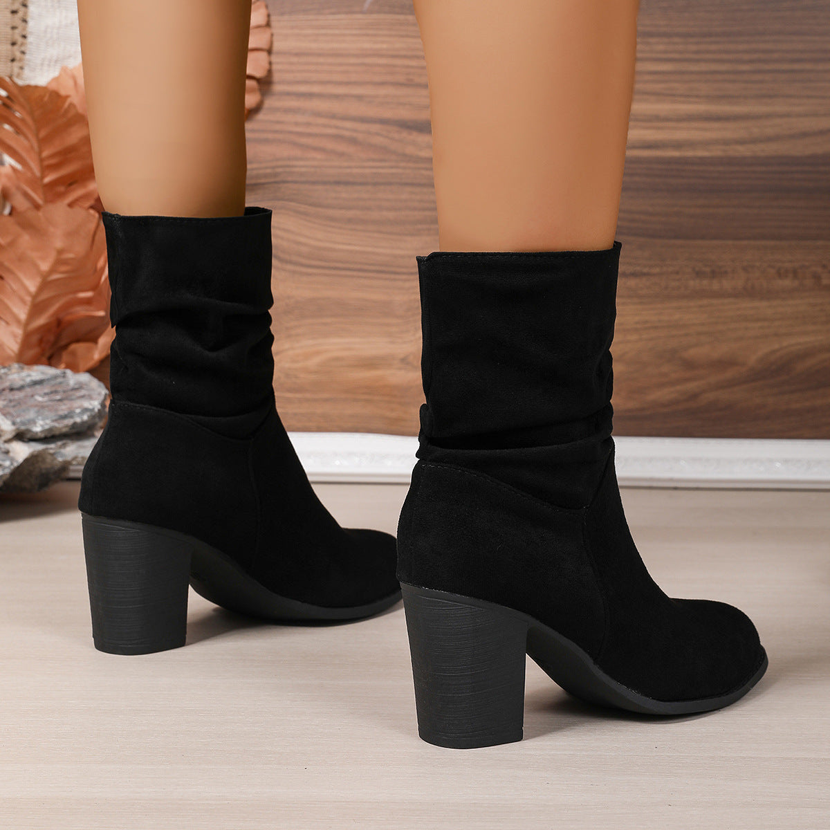Mid Calf Chunky Heel Skinny Boots Women Suede round Toe High Heel Knight Boots
