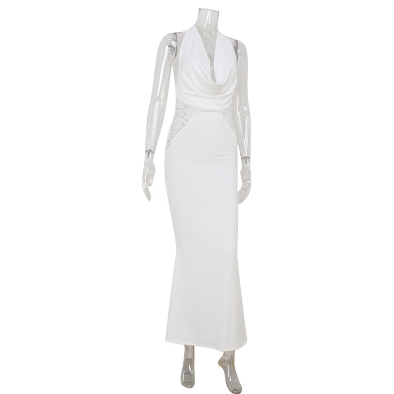 Dress Lace Stitching Elegant Halter V neck Backless Waist Trimming Slimming Fishtail Hip Dress Floor Length Dress