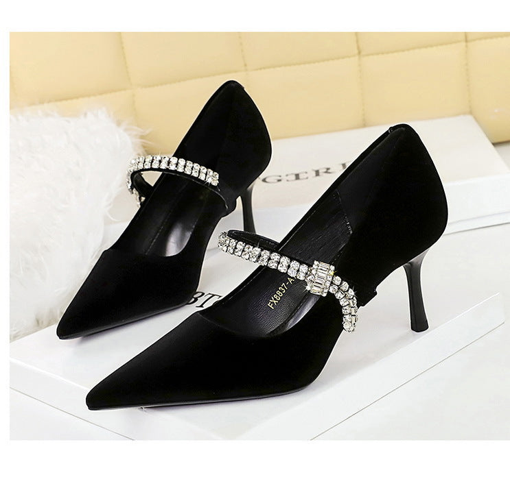 Pointed Toe Low Cut Shoes Rhinestone Strap Suede Stiletto Heel High Heels Daily Cocktail Women Shoes