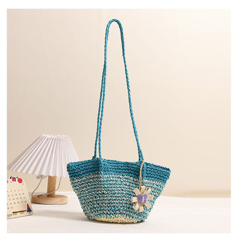 Fresh Floral Straw Bag Niche Gradient Color Straw Bag Woven Bag Vacation Beach Bag Shoulder Bag