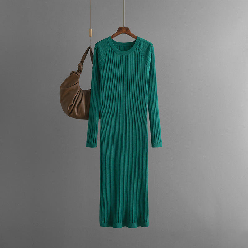 Mid Length Overknee Sweater Dress Women Autumn Winter round Neck Sunken Stripe Inner Wear Base Knitted Dress