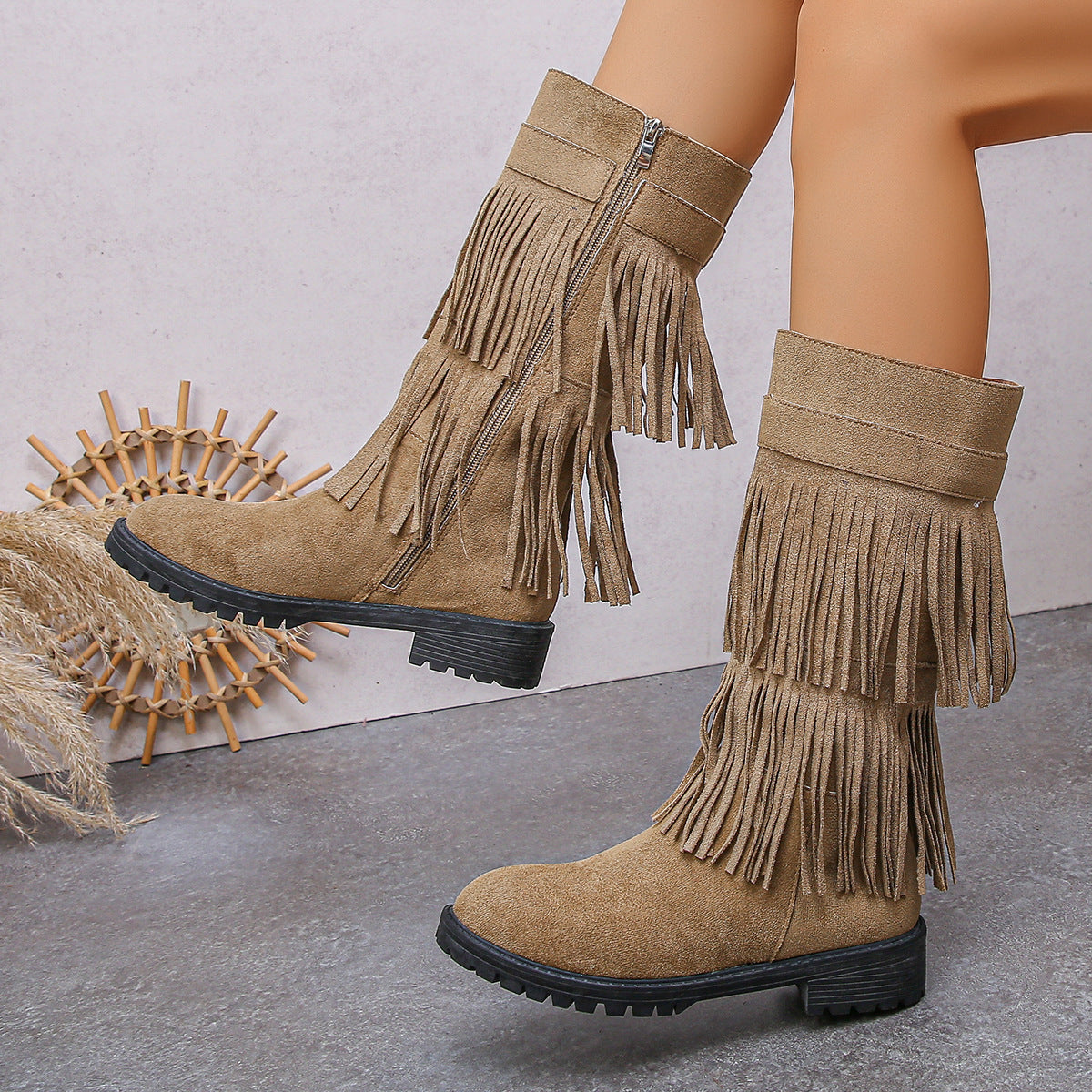 Suede Double Layer Tassel Boots Women Chunky Heel Side Zip High Tube Cowboy Boot