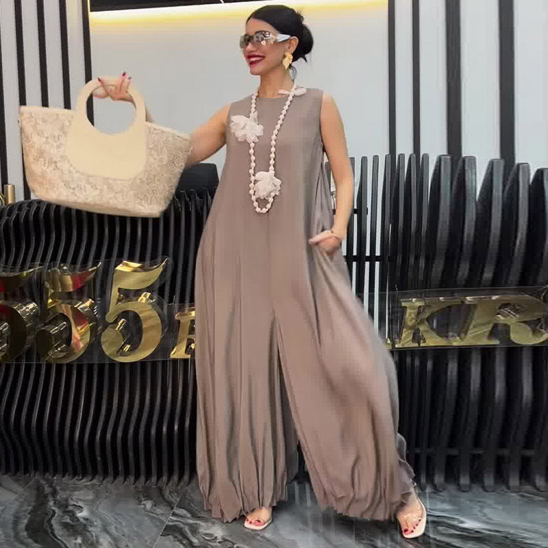 Summer Sling Wide Leg Casual Jumpsuit Women Pleated Jumpsuit