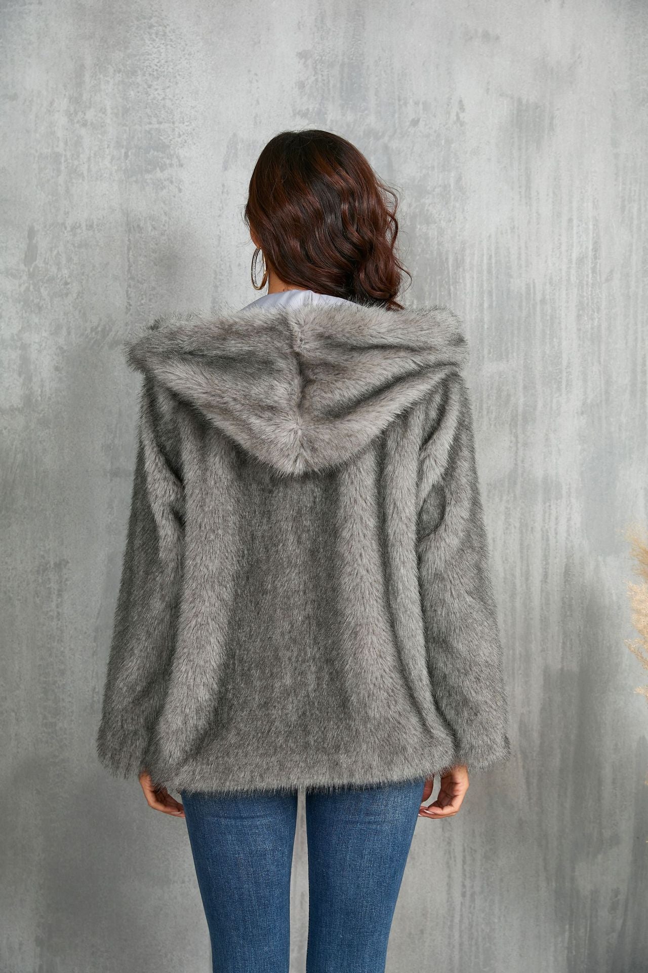 Faux Fur Coat Solid Color Loose Hooded Short Fur Collar Coat Winter Coat Warm Winter Clothing