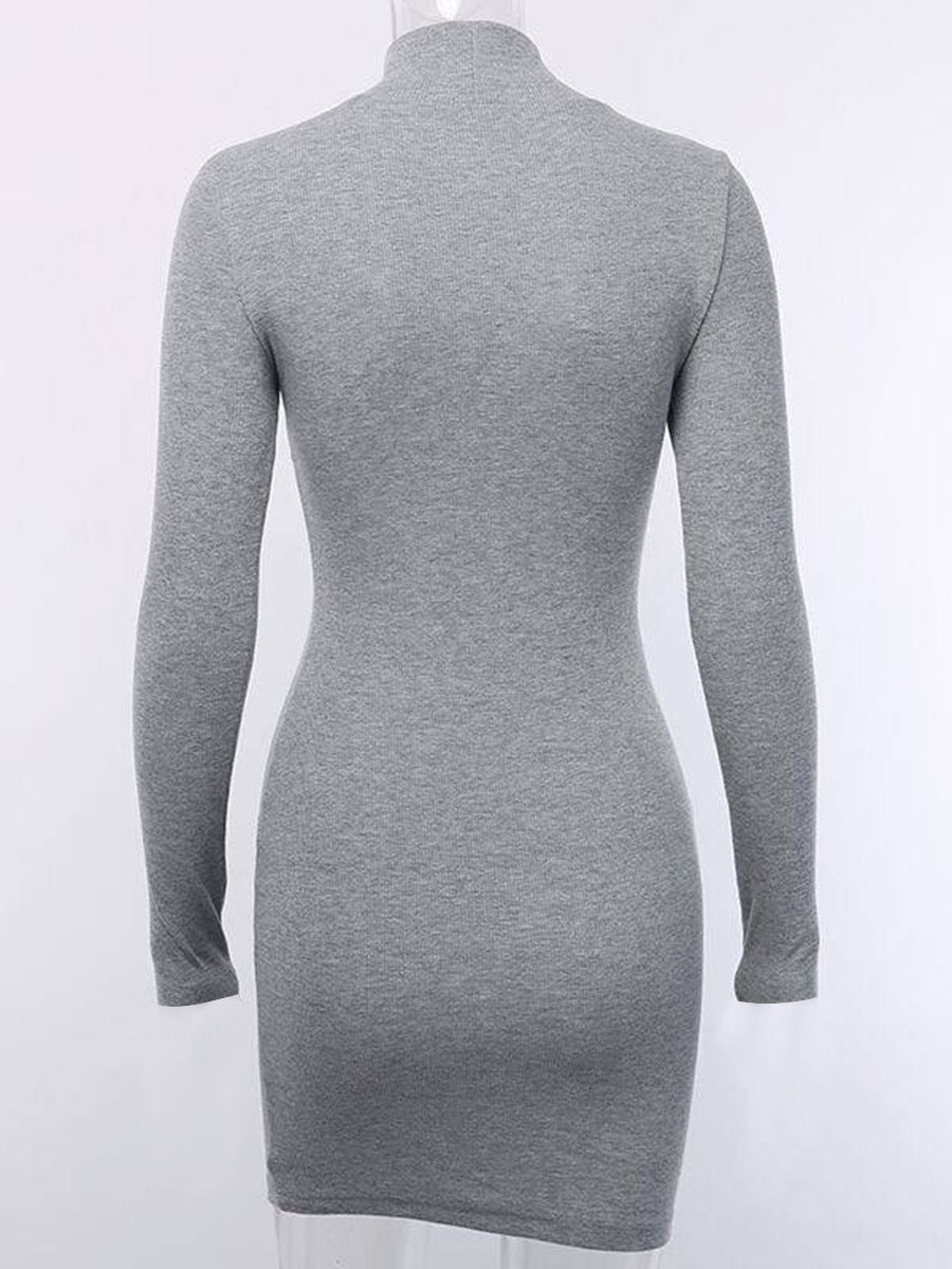 Winter Women Sexy Slim Knit Rib Half High Collar Long Sleeves Short Dress