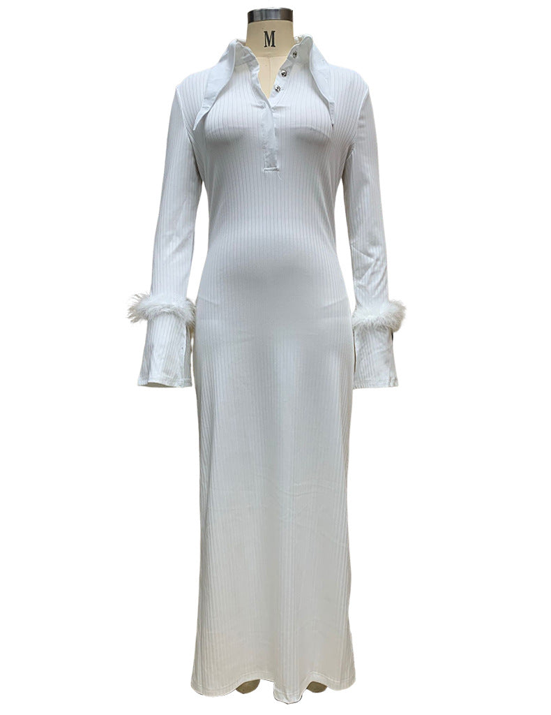 Spring Women Clothing Polo Collar Long Sleeve Feather Mid Length Sunken Stripe Dress