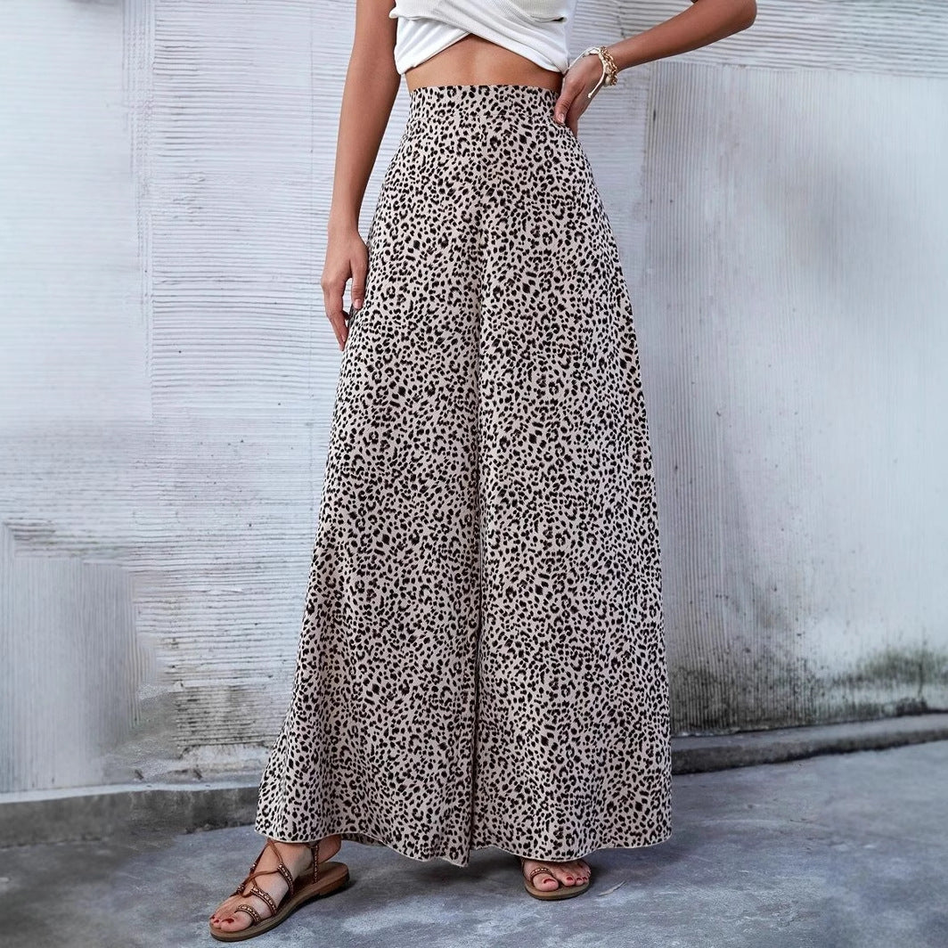Women Clothing Spring Summer Loose High Waist Leopard Print Printed Wide Leg Pants