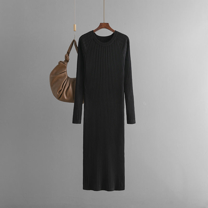 Mid Length Overknee Sweater Dress Women Autumn Winter round Neck Sunken Stripe Inner Wear Base Knitted Dress