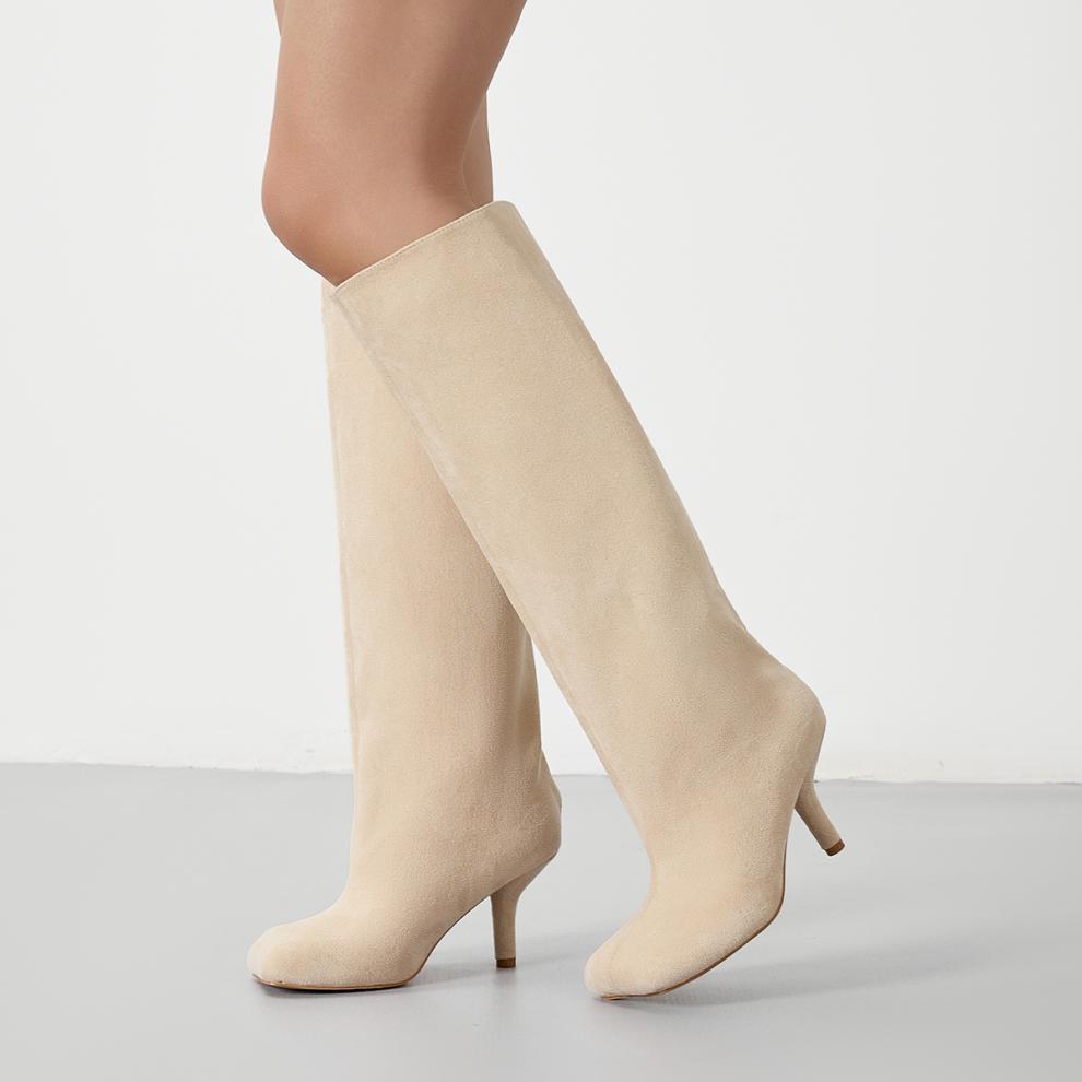 US Size Widen Women Knee High Suede Wide Calf Square Head Cover High Leg Boot