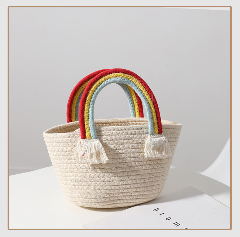 Cute Rainbow Clouds Handbag Handmade Cotton Thread Woven Bag Seaside Vacation Beach Bag Straw Bag