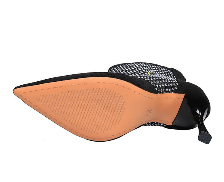 High Heel Boots Women Suede Stitching Mesh Rhinestone Back Zipper Mesh Boots Stiletto Pointed Toe Thin Boots