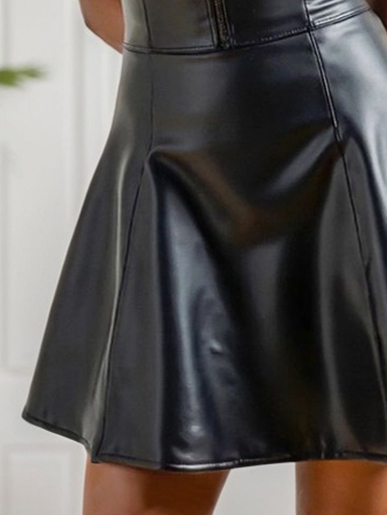 Women Skirt V neck Backless Sexy Dress A line Skirt Waist Tight Faux Leather Dress