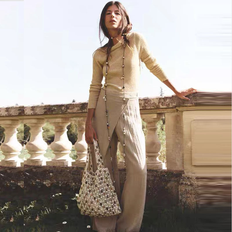 Summer Casual Beaded Bag Women Special Interest High Sense Woven Bag Plaid Hollow Out Cutout Wooden Bead Beach Bag