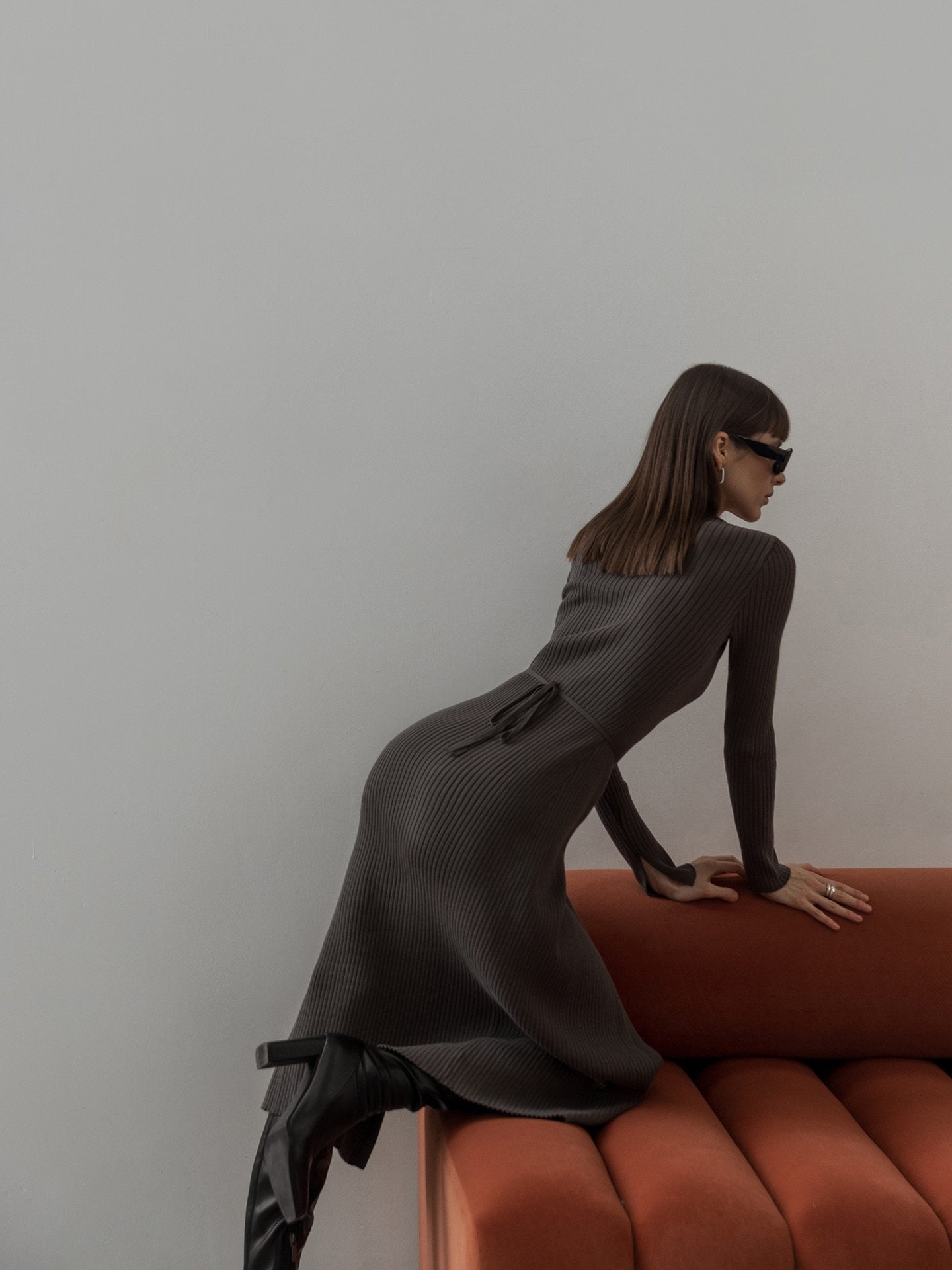 Split Strap Thread Knitted Dress Mid Length Autumn Winter Polo Collar Long Sleeve Sexy Tight Dress