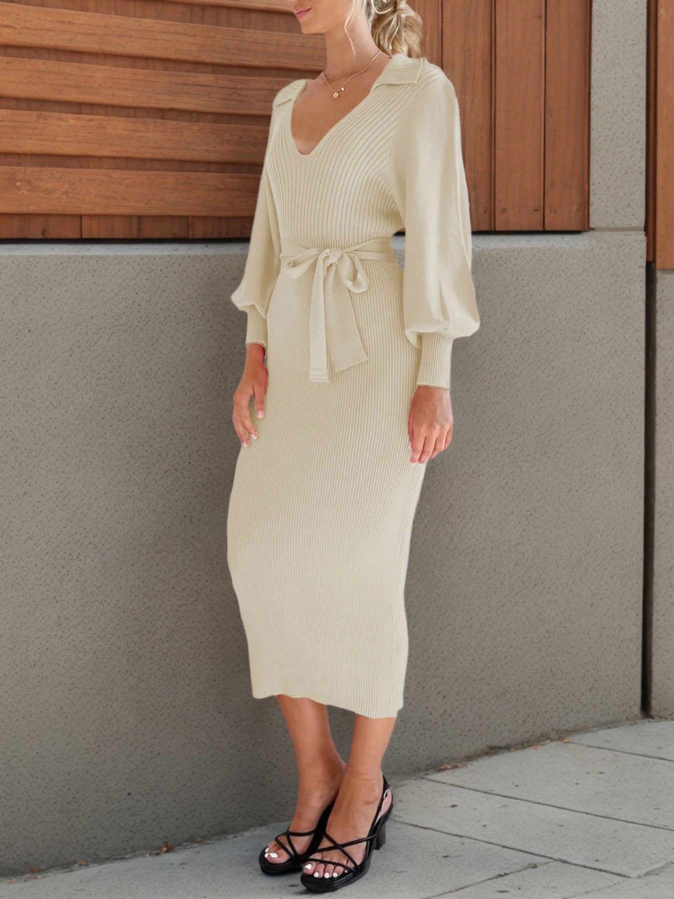 Autumn Solid Color Long Elegant Office Knitwear V neck Lace up Collared Dress