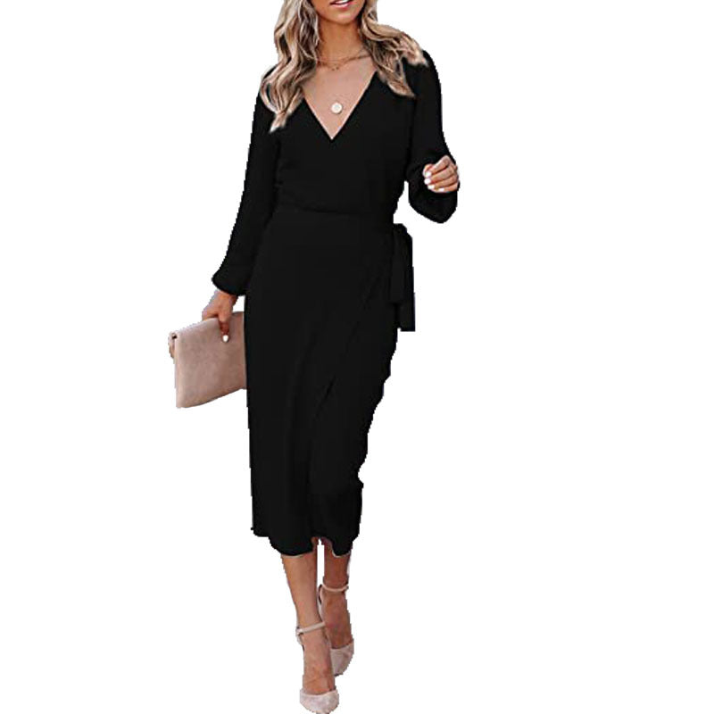 Autumn Winter Women Clothing Maxi Dress Elegant Graceful V-neck Knitted Dress