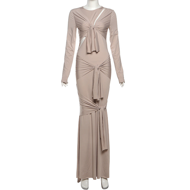 Summer Sexy Slim Hollow Out Cutout Long Sleeve Solid Color Elegant Dress Maxi Dress