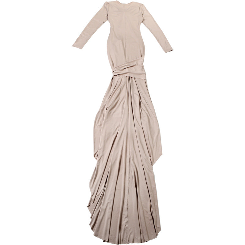 Summer Sexy Slim Hollow Out Cutout Long Sleeve Solid Color Elegant Dress Maxi Dress