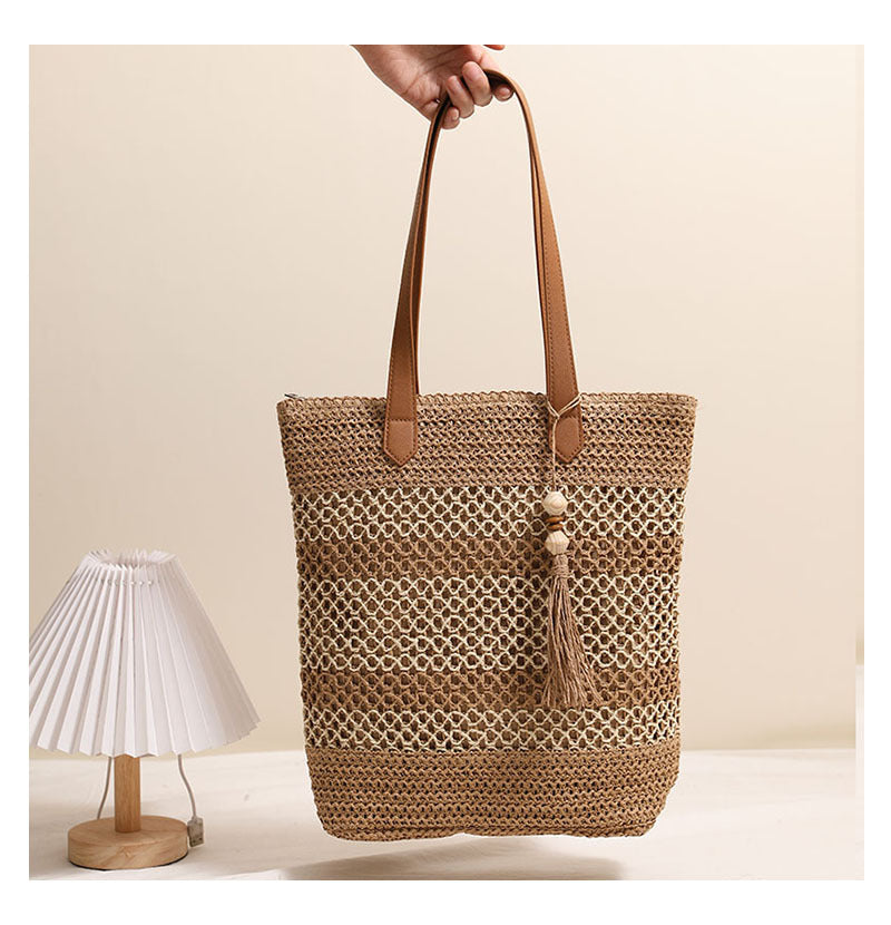 Tassel Shoulder Straw Bag Striped Hollow Out Cutout Straw Bag Woven Bag Vacation Beach Bag
