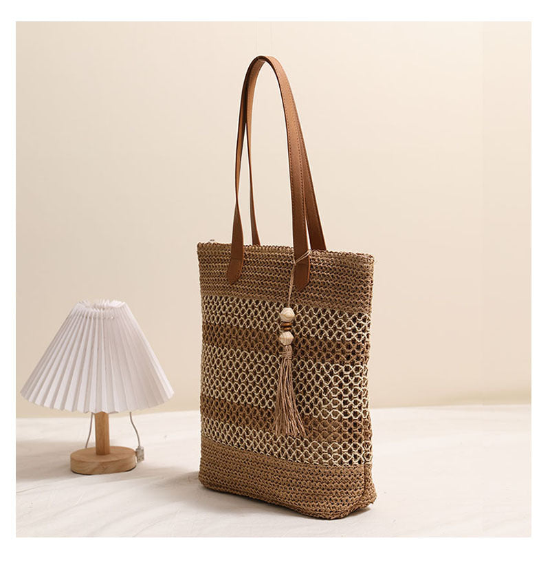 Tassel Shoulder Straw Bag Striped Hollow Out Cutout Straw Bag Woven Bag Vacation Beach Bag