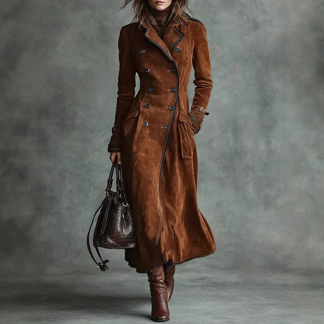 Women Clothing Fall Winter Coat Collared Western Suede Long Trench Coat