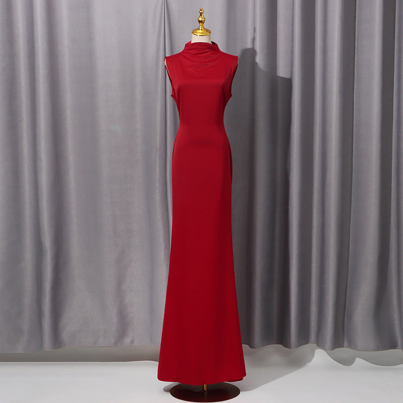 Women Elegant Shawl Solid Color Wide Hem Loose Slimming High Waist Dress