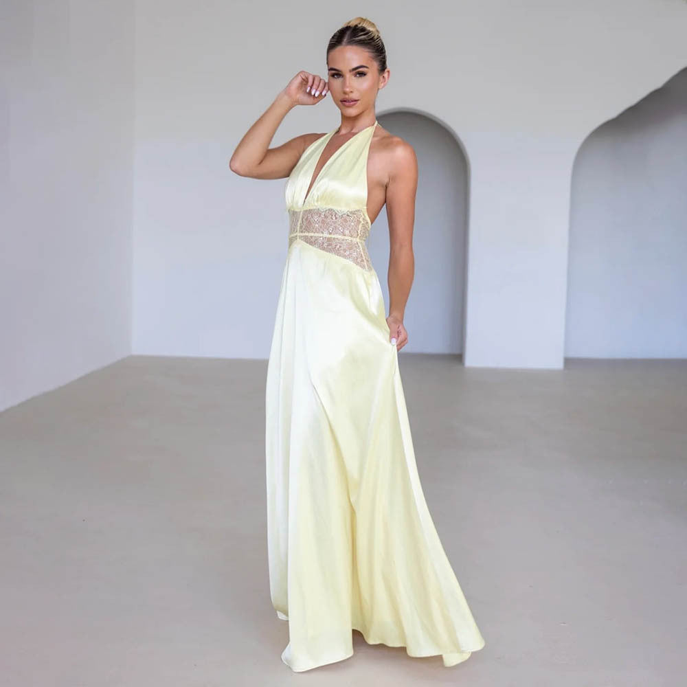 Summer Elegant Deep V Plunge Silky Satin Dress Stitching Halter Waist Tight Sexy Dress