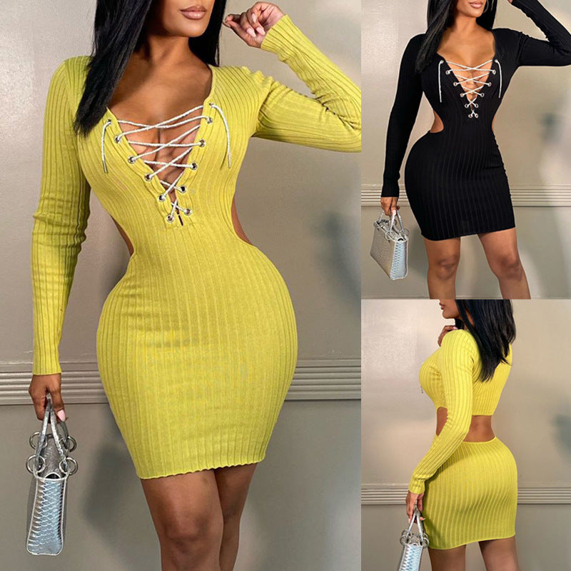 Sexy Women Wear Dress Long Sleeve Knitted Dress V neck Lace up Rib Mid Dress Hip Dress