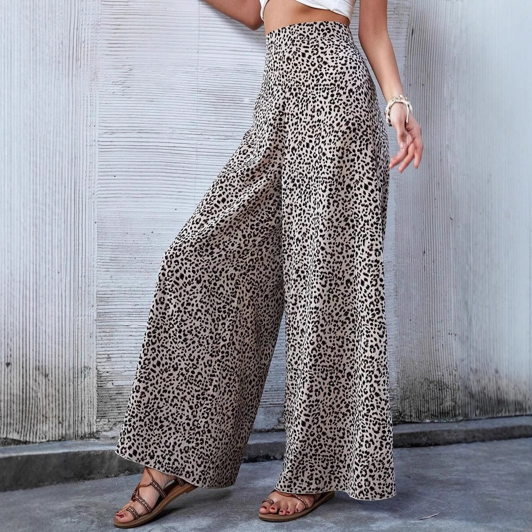 Women Clothing Spring Summer Loose High Waist Leopard Print Printed Wide Leg Pants