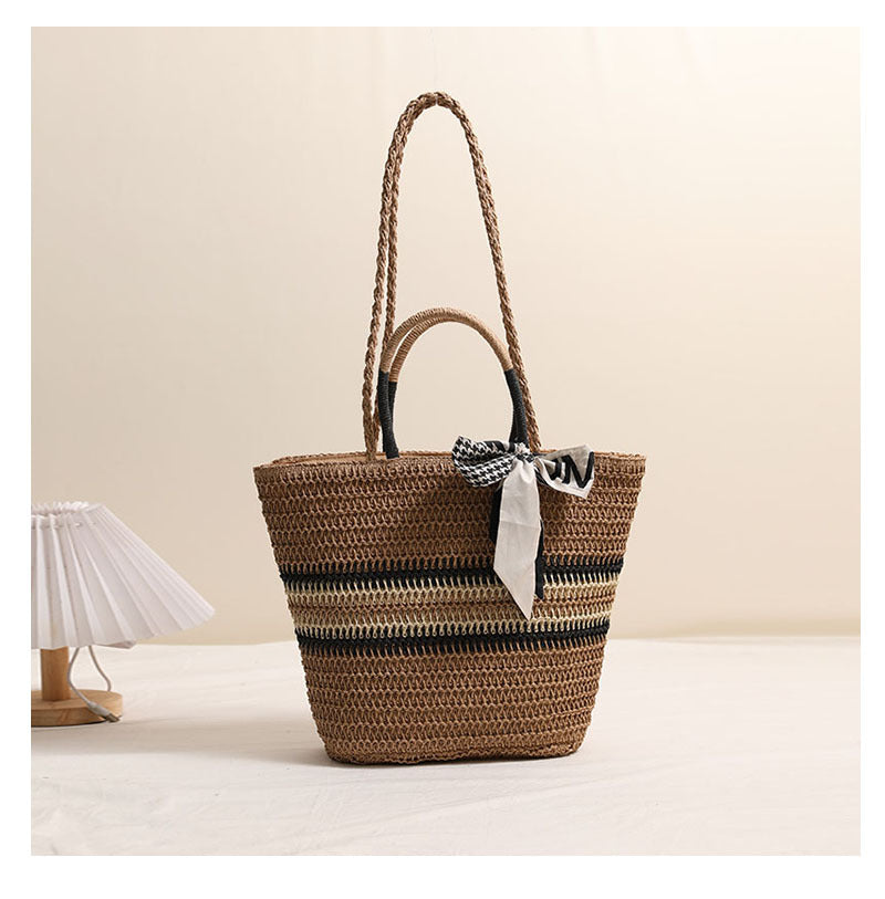 Striped Shoulder Straw Bag Silk Scarf Woven Tote Women Seaside Vacation Beach Bag