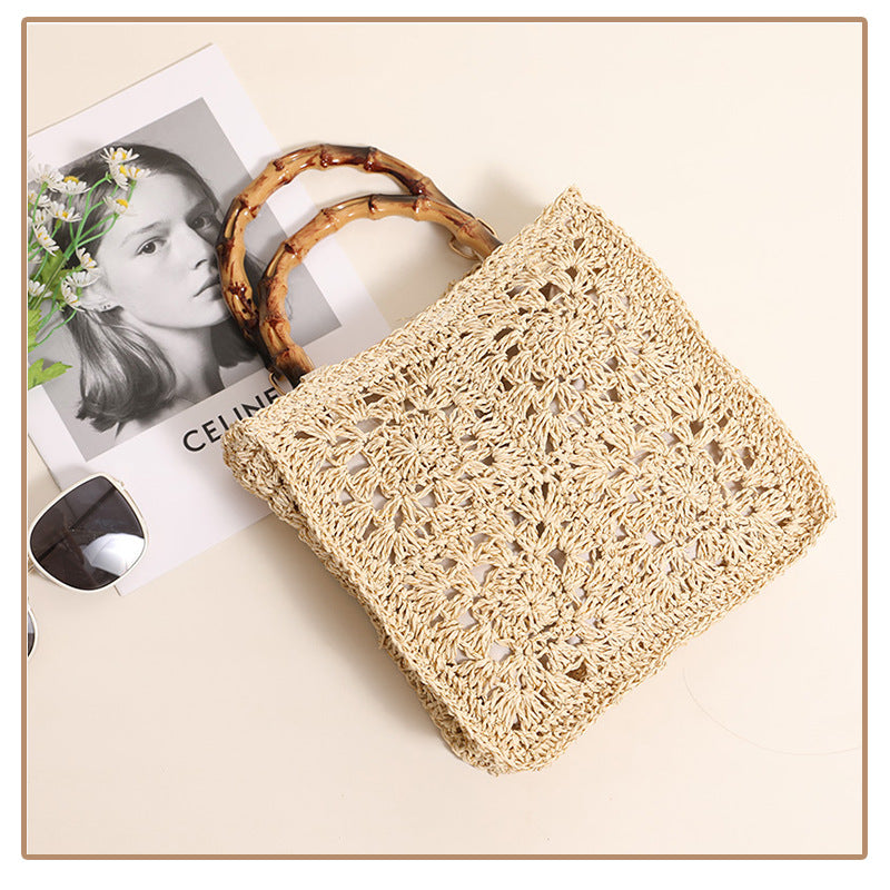 Bamboo Handle Straw Bag Paper String Square Crocheted Women Bag Fresh Casual Woven Bag Beach Bag