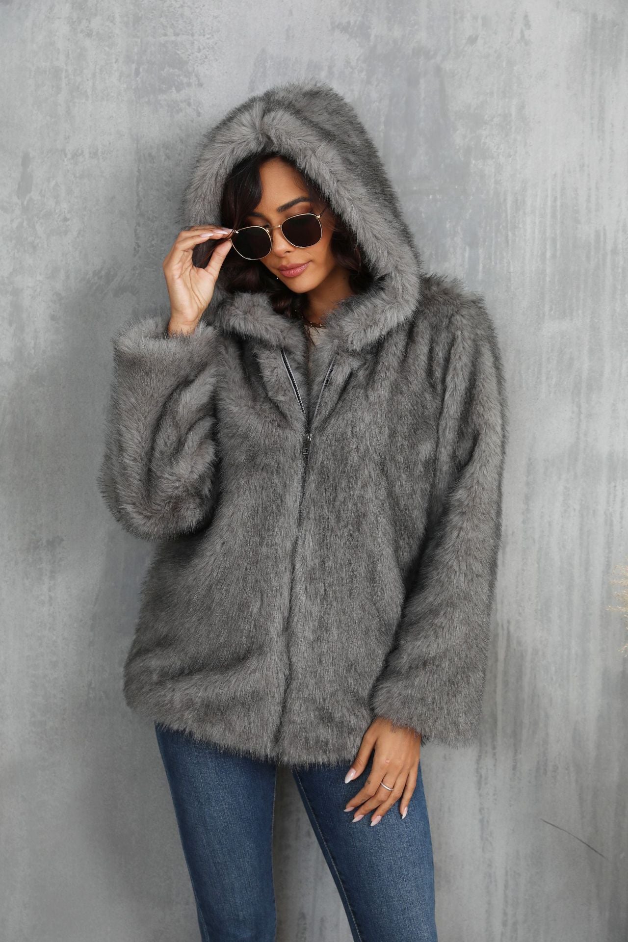 Faux Fur Coat Solid Color Loose Hooded Short Fur Collar Coat Winter Coat Warm Winter Clothing