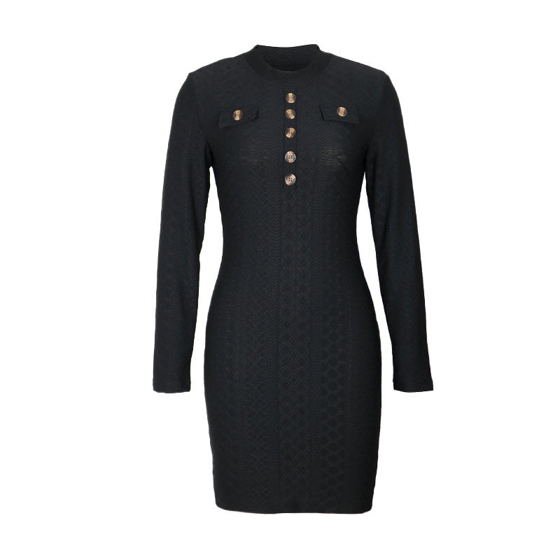 Autumn Women Clothing Slim-Fit Black Long-Sleeved Knitted Dress