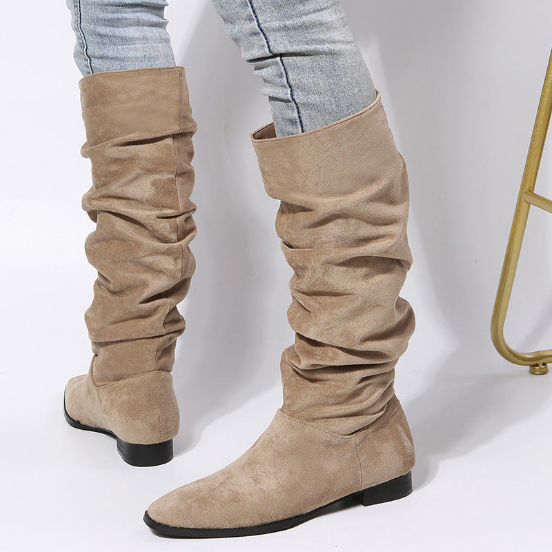 Square Heel Pointed Toe Mid Calf Length Knight Boots Women Suede Pleated Pile Sleeve Pointed Boots