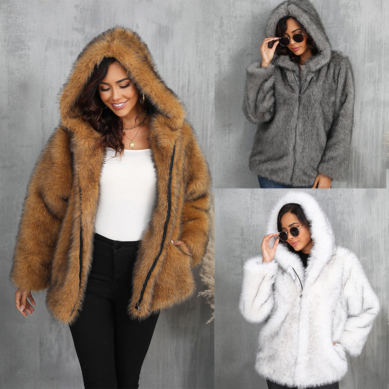 Faux Fur Coat Solid Color Loose Hooded Short Fur Collar Coat Winter Coat Warm Winter Clothing