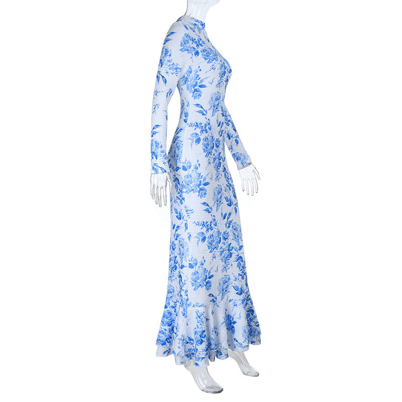 Half High Collar Long Sleeves Printed Fishtail Dress Women Autumn Sexy Dress