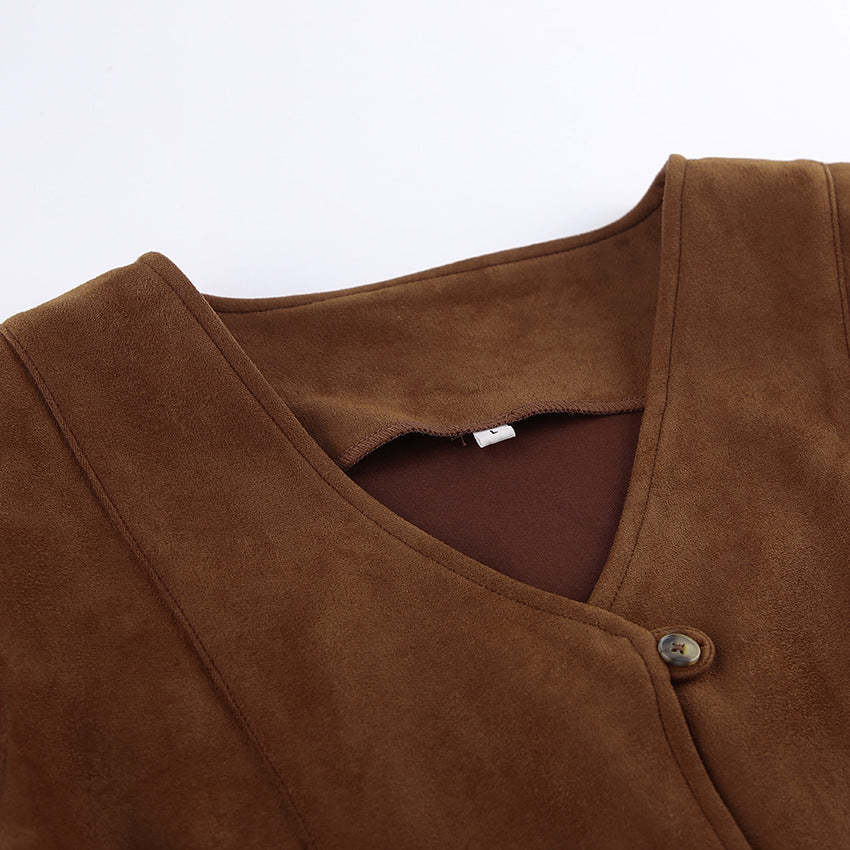Autumn Women Clothing Coat Suede Matte Casual Short Retro British V neck Bandage Vest