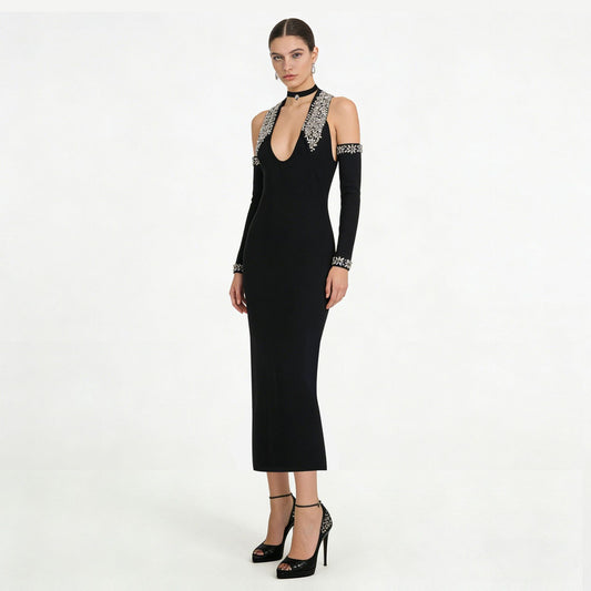 Halter Sexy Diamond Embedded Maxi Dress Black Bandage Dress