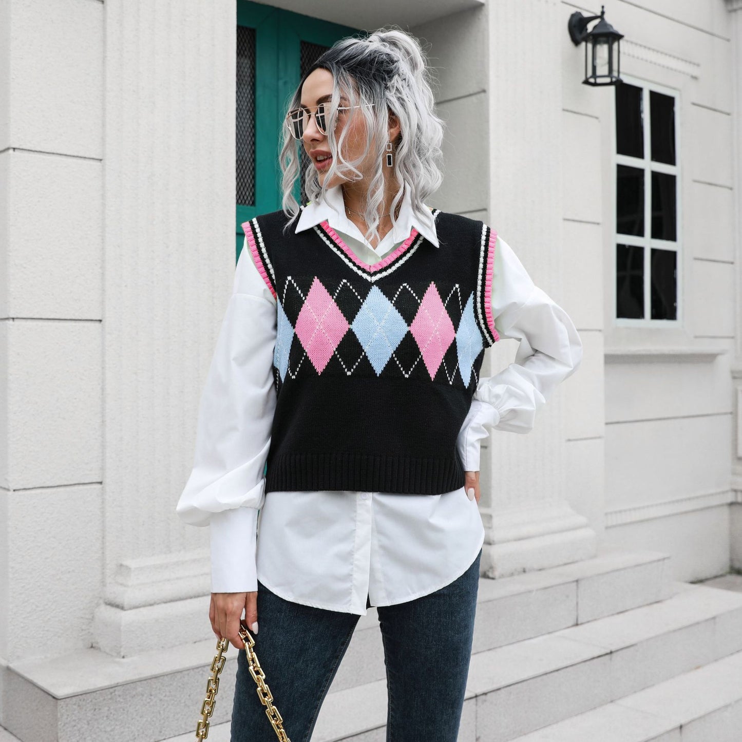 Rhombus V-neck Plaid Vest Sweater Women Vest Outer Wear Inner Wear Autumn Winter Knitwear Sweater