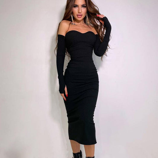 Women Spring Clothing Sexy Hip Knitwear off Shoulder Long Sleeve Tube Top Dress