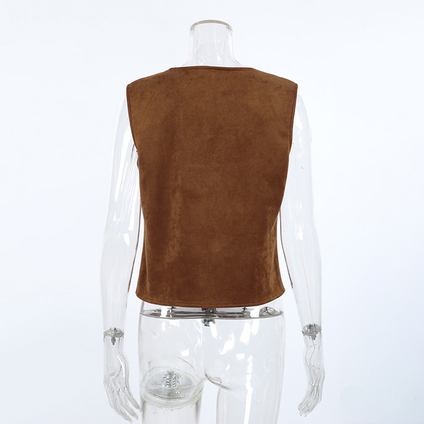 Autumn Women Clothing Coat Suede Matte Casual Short Retro British V neck Bandage Vest